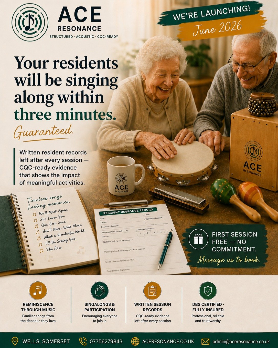 We're here. 🎵 ACE Resonance launches today.

Structured live music reminiscence for care homes across Somerset. First session FREE &mdash; no commitment.

DBS certified &middot; &pound;5m insured &middot; Wells-based &middot; 15+ years music leaders