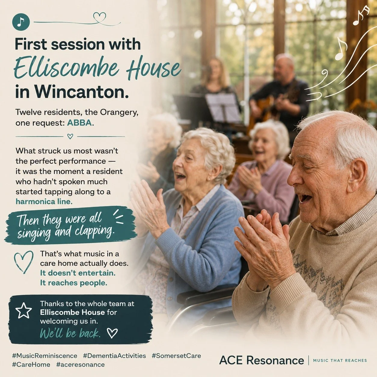 🎵 First session with Elliscombe House in Wincanton. 
Twelve residents, the Orangery, one request: ABBA. 

What struck us most wasn't the perfect performance &mdash; it was the moment a resident who hadn't spoken much started tapping along to a harmo