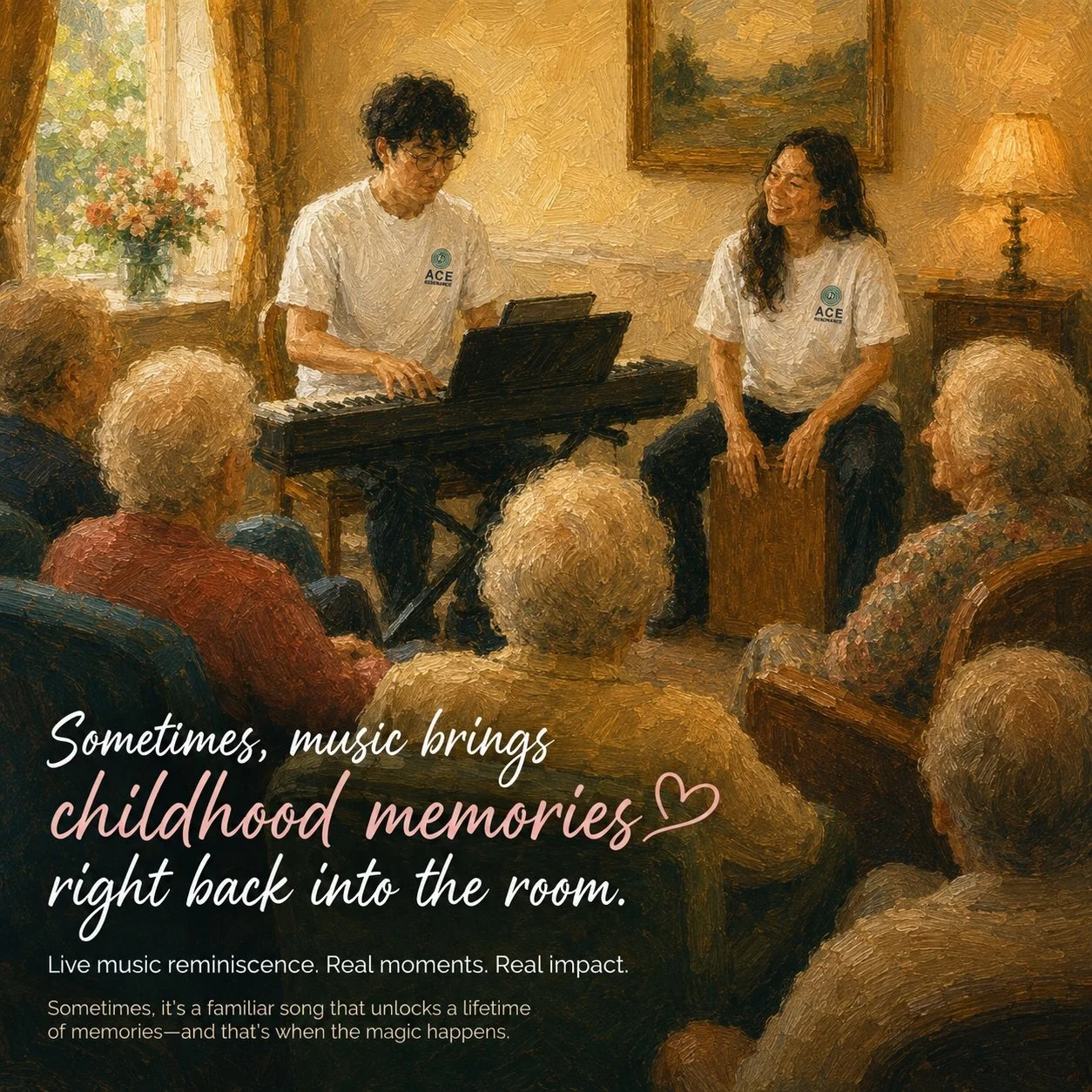 Sometimes, music brings childhood memories right back into the room.

Yesterday, we were playing a set of 1930s&ndash;60s favorites for a cozy group of ten residents in Gillingham, Dorset. The moment we finished our final song, "We'll Meet Again