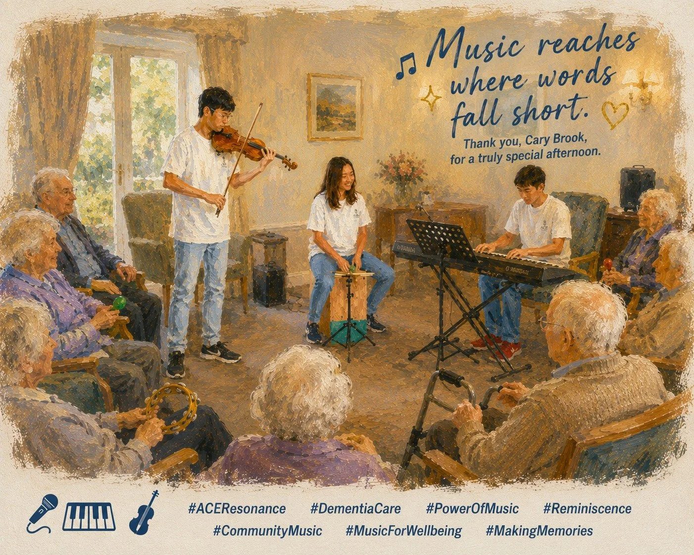 Last week, we spent a truly special afternoon sharing music with 15 wonderful residents at Cary Brook. 🎶✨

Music has an extraordinary way of reaching deep inside us when words fall short. From quiet humming and gentle smiles to tears of nostalgic wa
