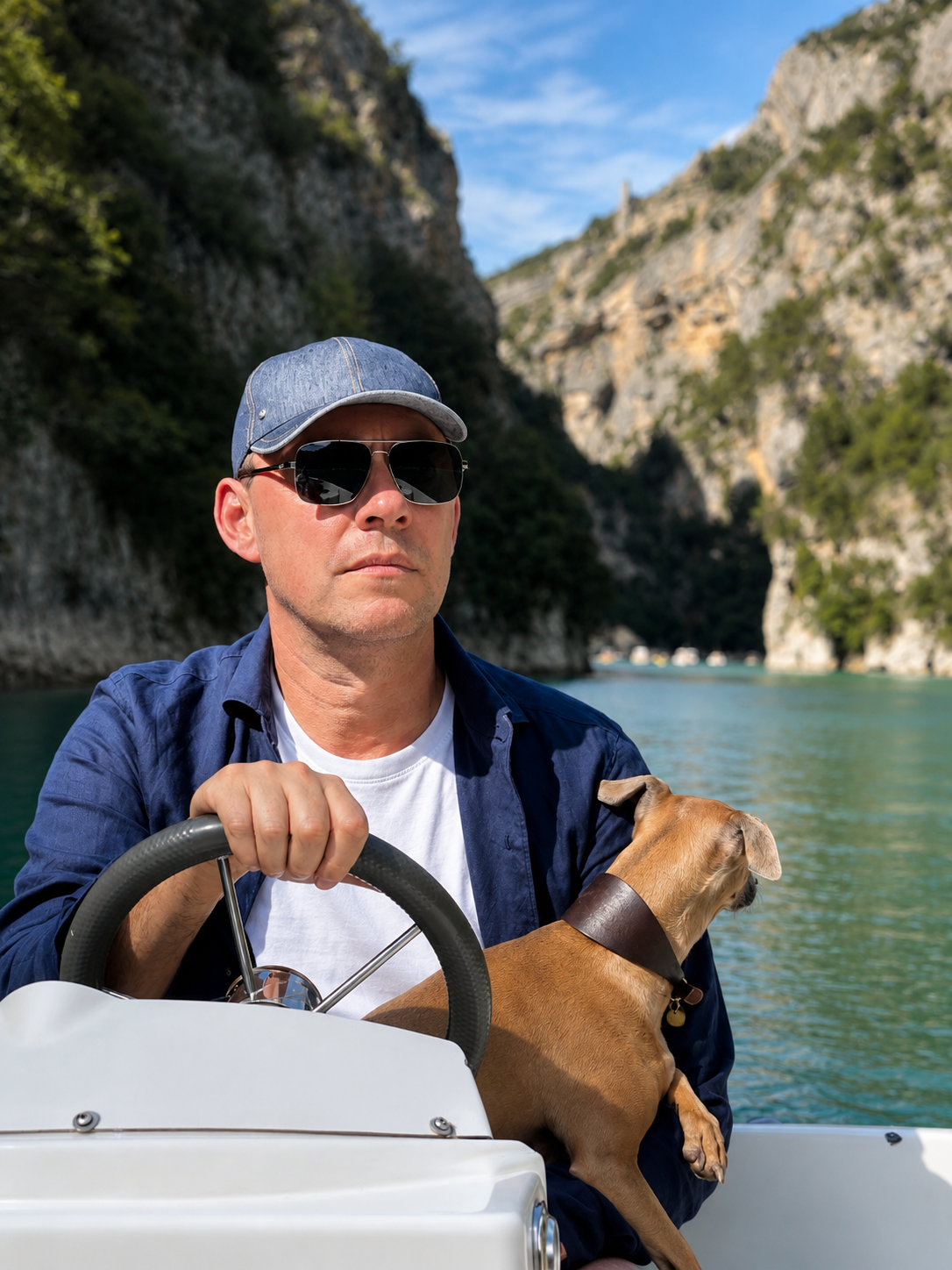 A man wearing sunglasses, a denim cap, and a blue shirt is on a boat holding the steering wheel. A small brown dog with a collar is sitting on his lap. The boat is on a body of water with cliffs and trees in the background under a blue sky with some white clouds.