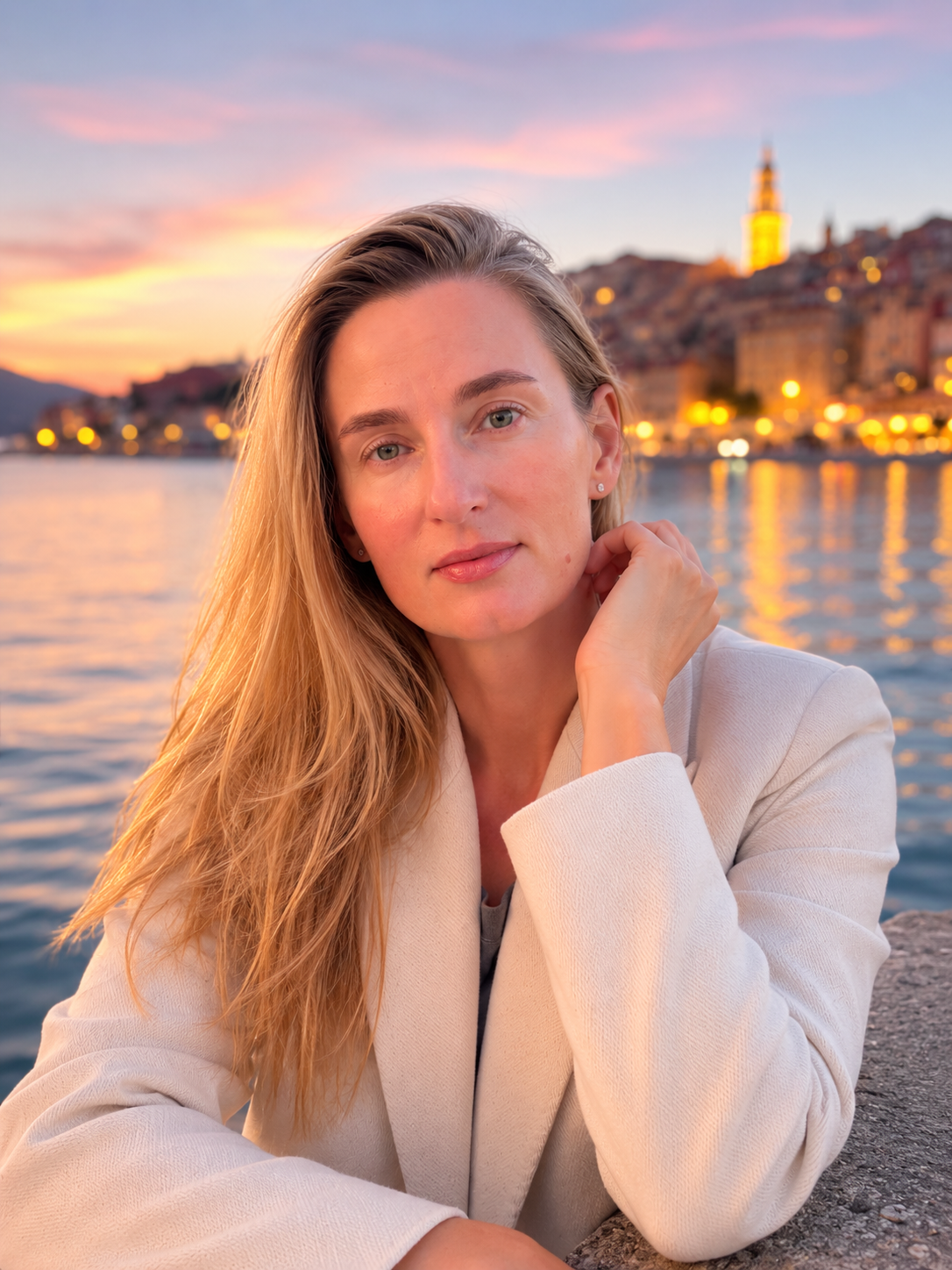 A woman with blonde hair and blue eyes sitting by a body of water during sunset, with a cityscape and a tall tower in the background.