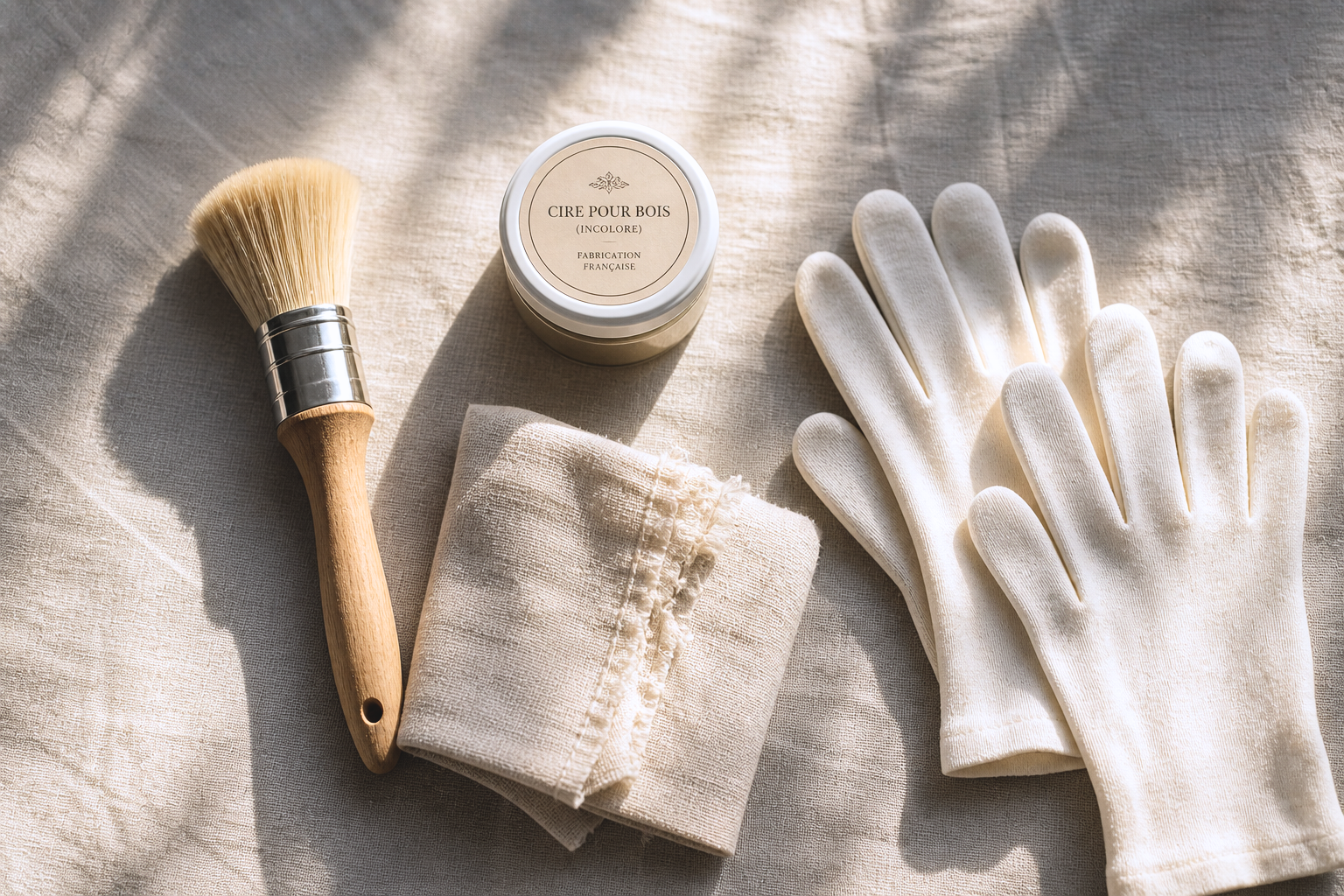 A set of beige and white household items including a soft cloth, a shaving brush with a wooden handle, a small jar of wax, and a pair of white gloves on a light-colored fabric surface.