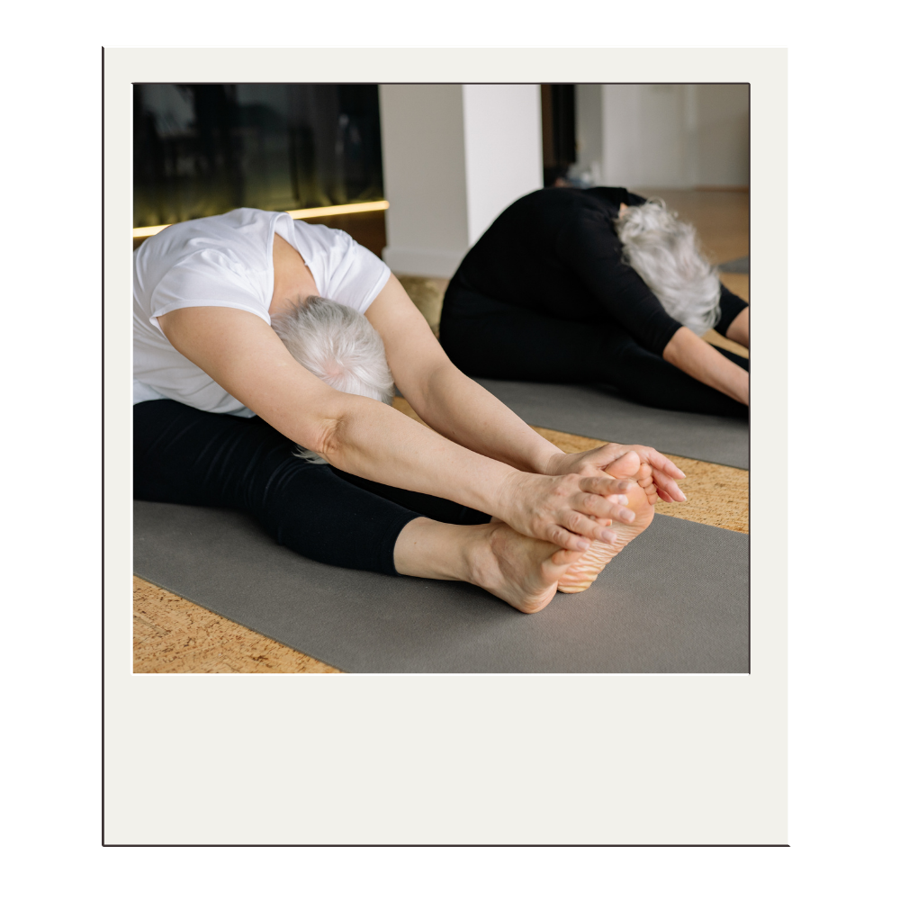 Two elderly women practicing yoga on mats, stretching forwards with legs extended and hands holding their feet in a seated forward bend pose.