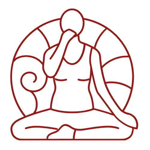 Line drawing of a person sitting cross-legged in a meditative pose, with one hand on their knee and the other hand touching their face, surrounded by a stylized circular background.