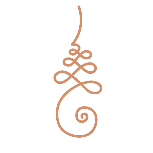 Golden brown artistic swirl design with looped lines on a black background.