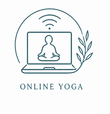 Illustration of a person meditating on a laptop screen with Wi-Fi and wireless signals above, and a decorative branch on the right, with the text 'Online Yoga' beneath.
