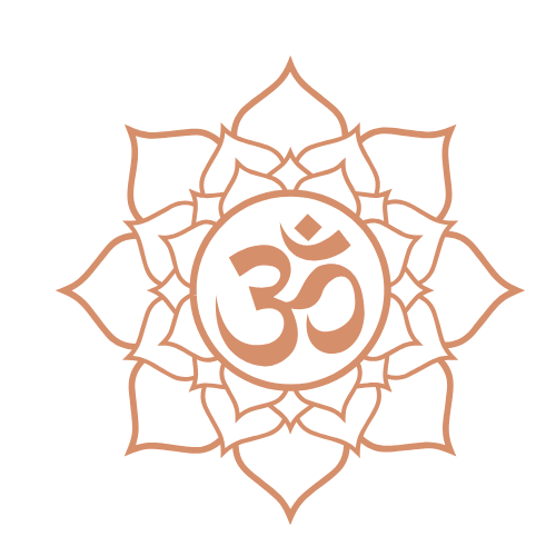 A stylized lotus flower with the Om symbol in the center, drawn in rose gold on a black background.