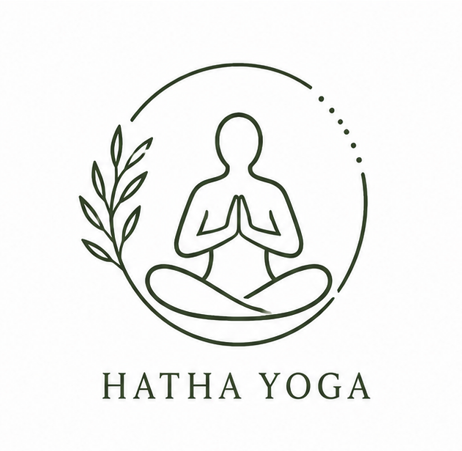 Logo of Hatha Yoga featuring a person sitting in a meditation pose with hands in prayer position, surrounded by a circular design and a laurel branch.
