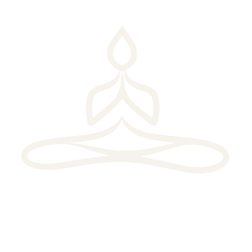 Minimalist white line drawing of a person meditating in a lotus position with a flame above their head, on a black background.
