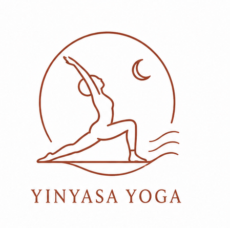 Line drawing of a person doing a yoga pose outdoors at night, with a crescent moon in the sky, inside a circular frame, and the text 'YINYASA YOGA' below.