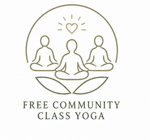 Line drawing of three people practicing yoga in seated meditation pose, with a heart and radiating lines above them and two lotus leaves below, with the text 'Free Community Class Yoga' beneath.