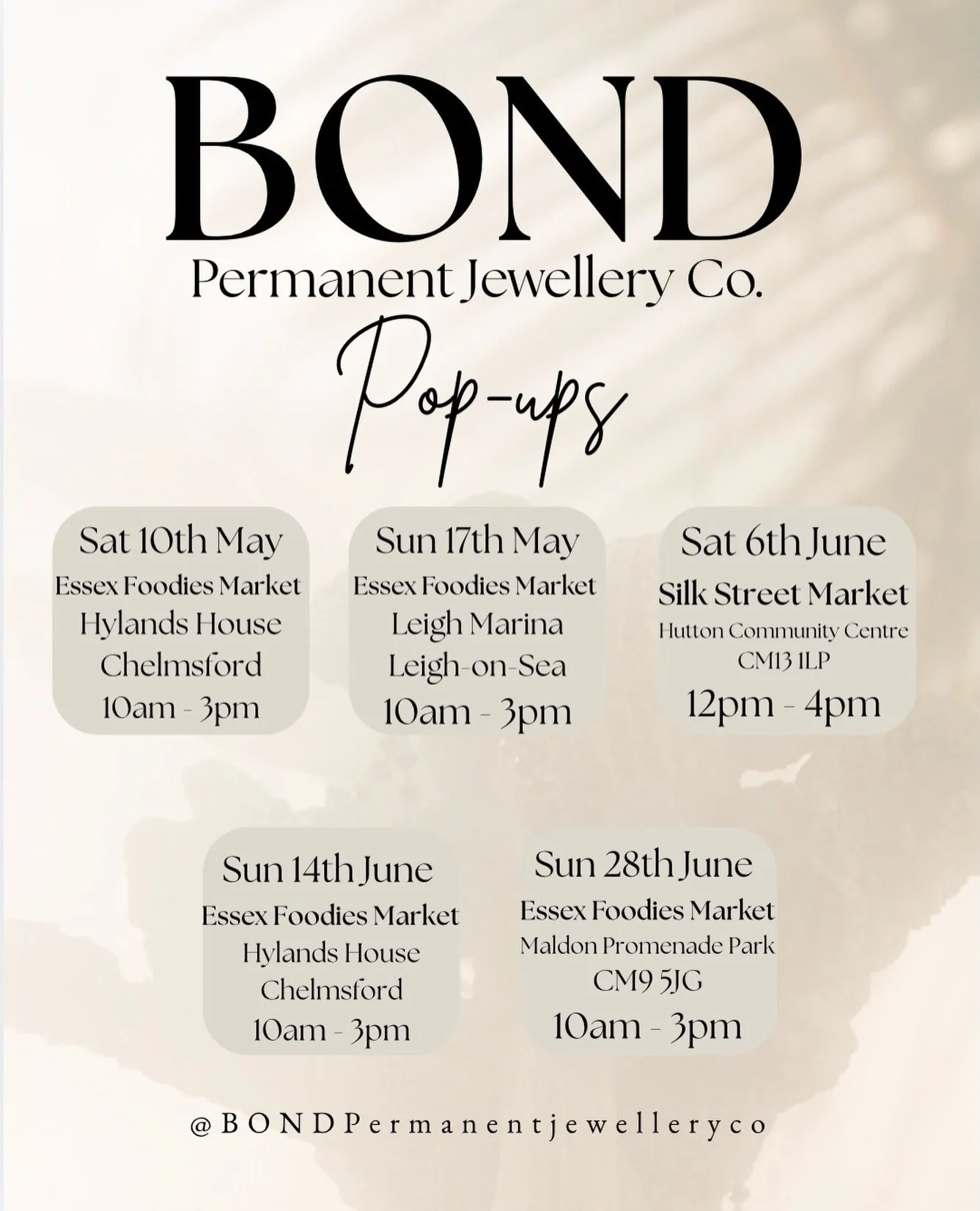 ✨Pop-Up Dates✨

Save this post if you&rsquo;ve been thinking about coming to see us for permanent jewellery at one of our exciting pop-up events!

Amongst these dates I am REALLY hoping our studio will be up and running for more appointments too! Wat