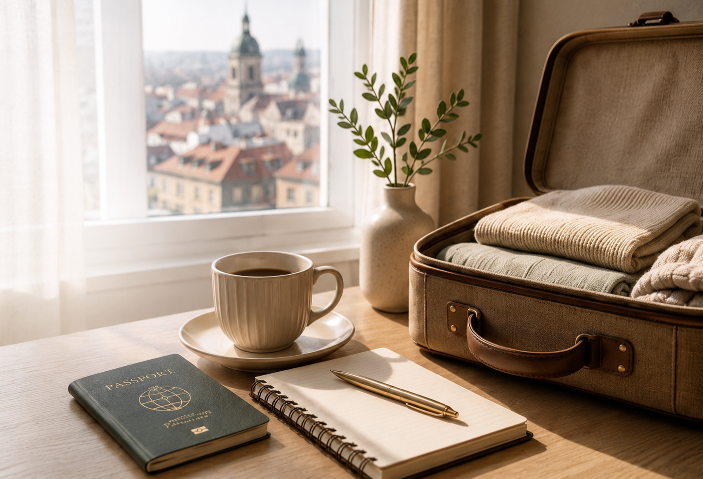 A travel scene with a brown suitcase filled with folded clothes on a wooden table. A cup of coffee, a notepad, and a gold pen sit beside the suitcase. A small potted plant in a beige vase is on the table. A window with sunlight streaming in reveals a cityscape with historic buildings and a church steeple in the background.