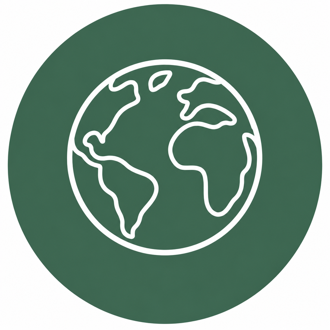Stylized line drawing of the Earth on a green circular background.