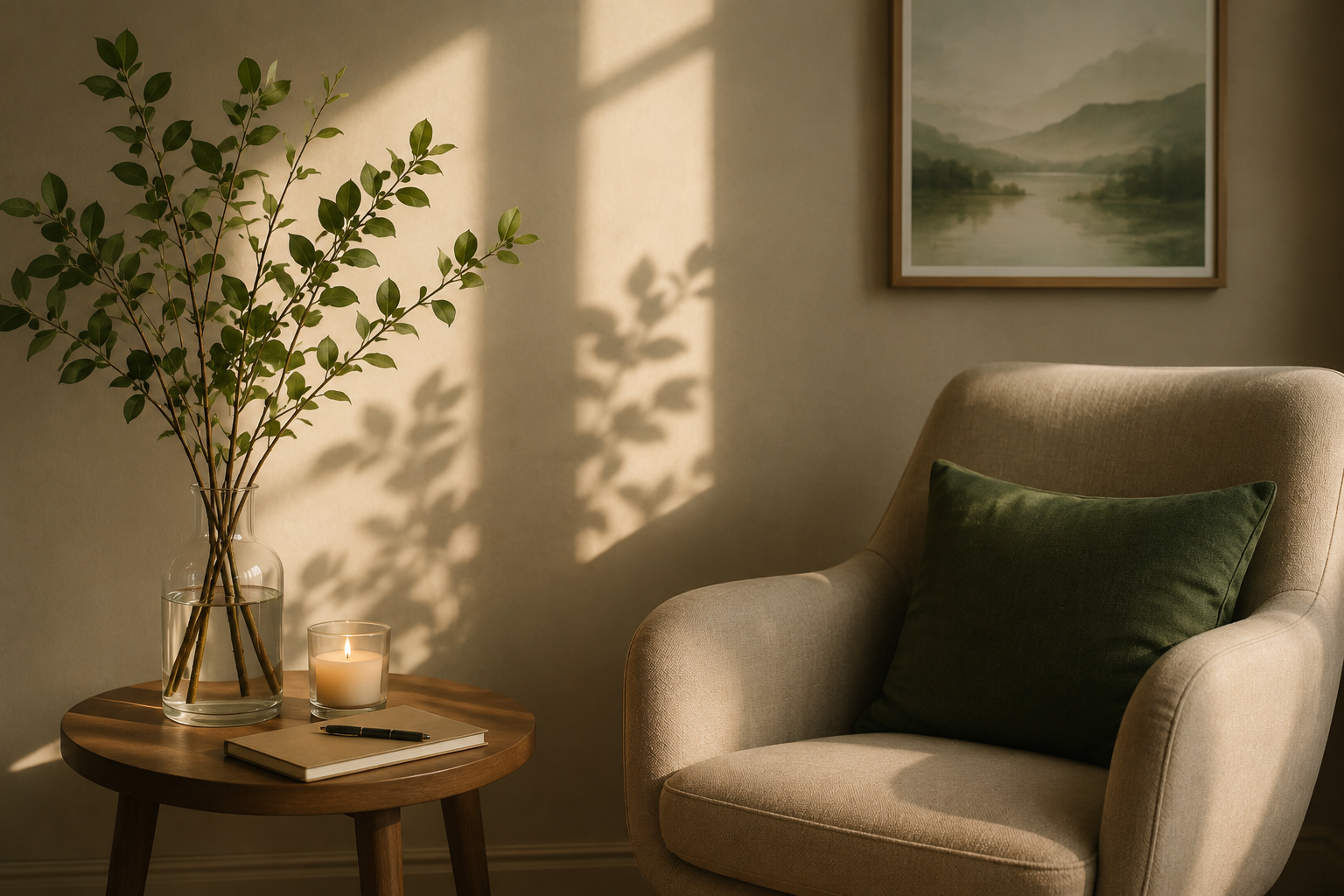 Living room with beige armchair, green cushion, a small wooden table with a candle, a notebook, and a pen, a tall glass vase with green leafy branches, and a framed landscape painting on the wall. It's illuminated by soft natural light.