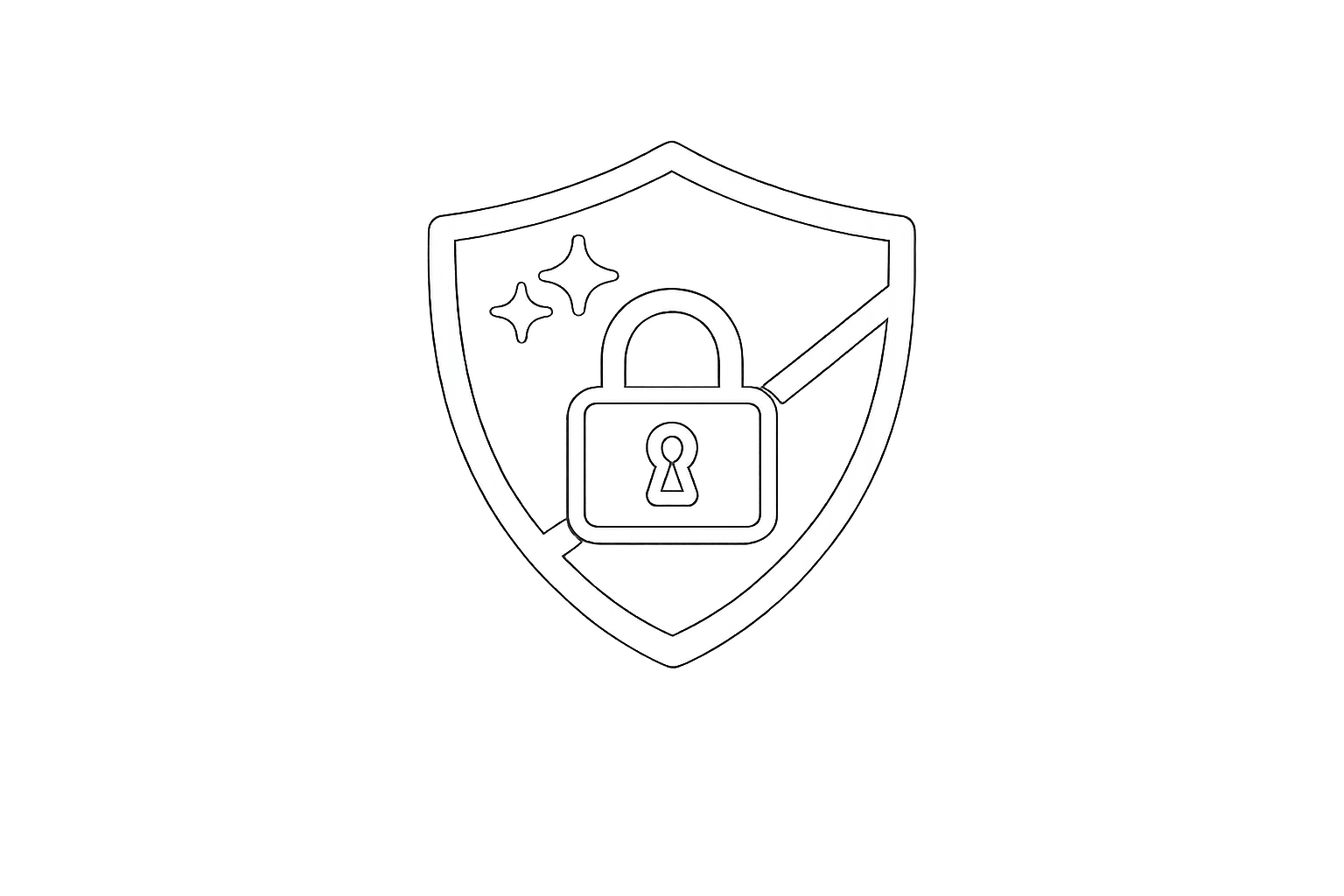 Shield icon with sparkle effects, a lock symbol, and a diagonal line indicating security or protection.