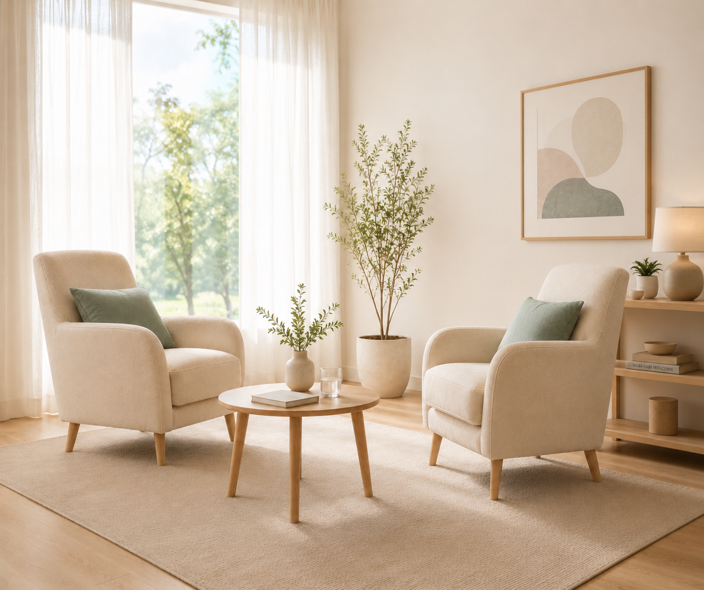 A living room with two beige armchairs and a wooden coffee table in between, decorated with a book and a glass of water. Large windows with sheer curtains let in natural light, and there are potted plants, a framed abstract art piece, and a bookshelf on a side table.