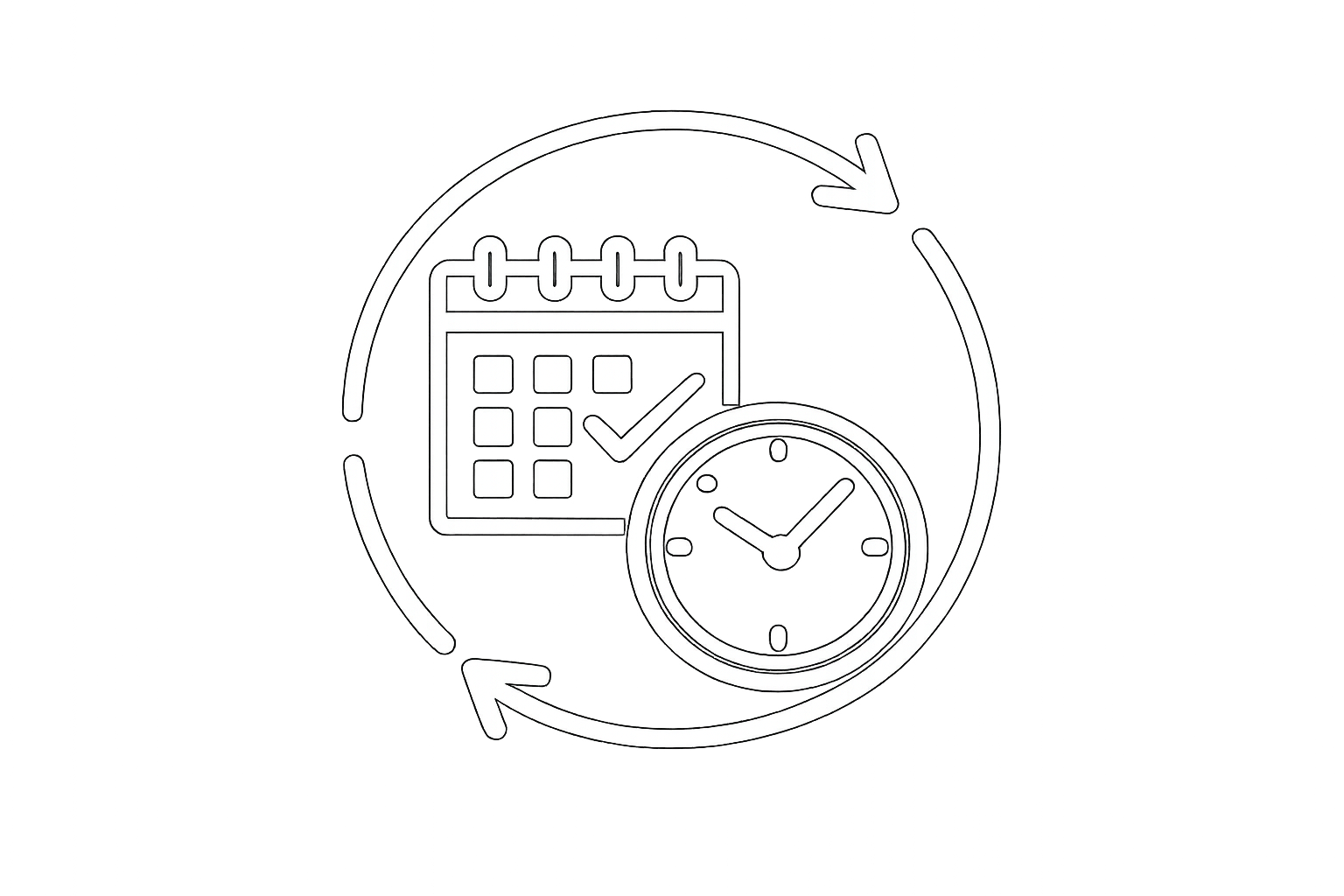 Graphic representation of a calendar, check mark, clock, and circular arrows indicating schedule, time management, and planning.
