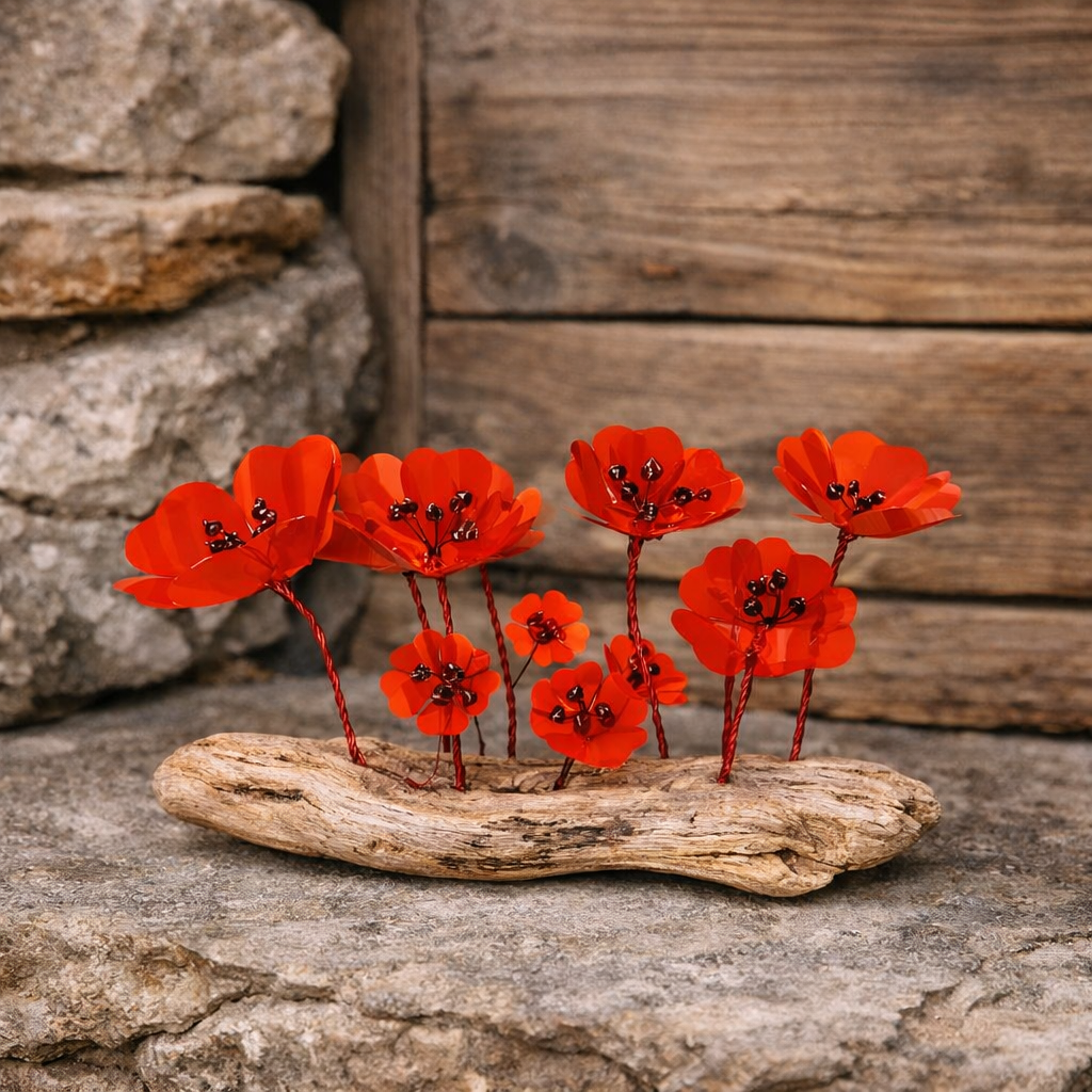 Composition florale Coquelicot et bois flotté.