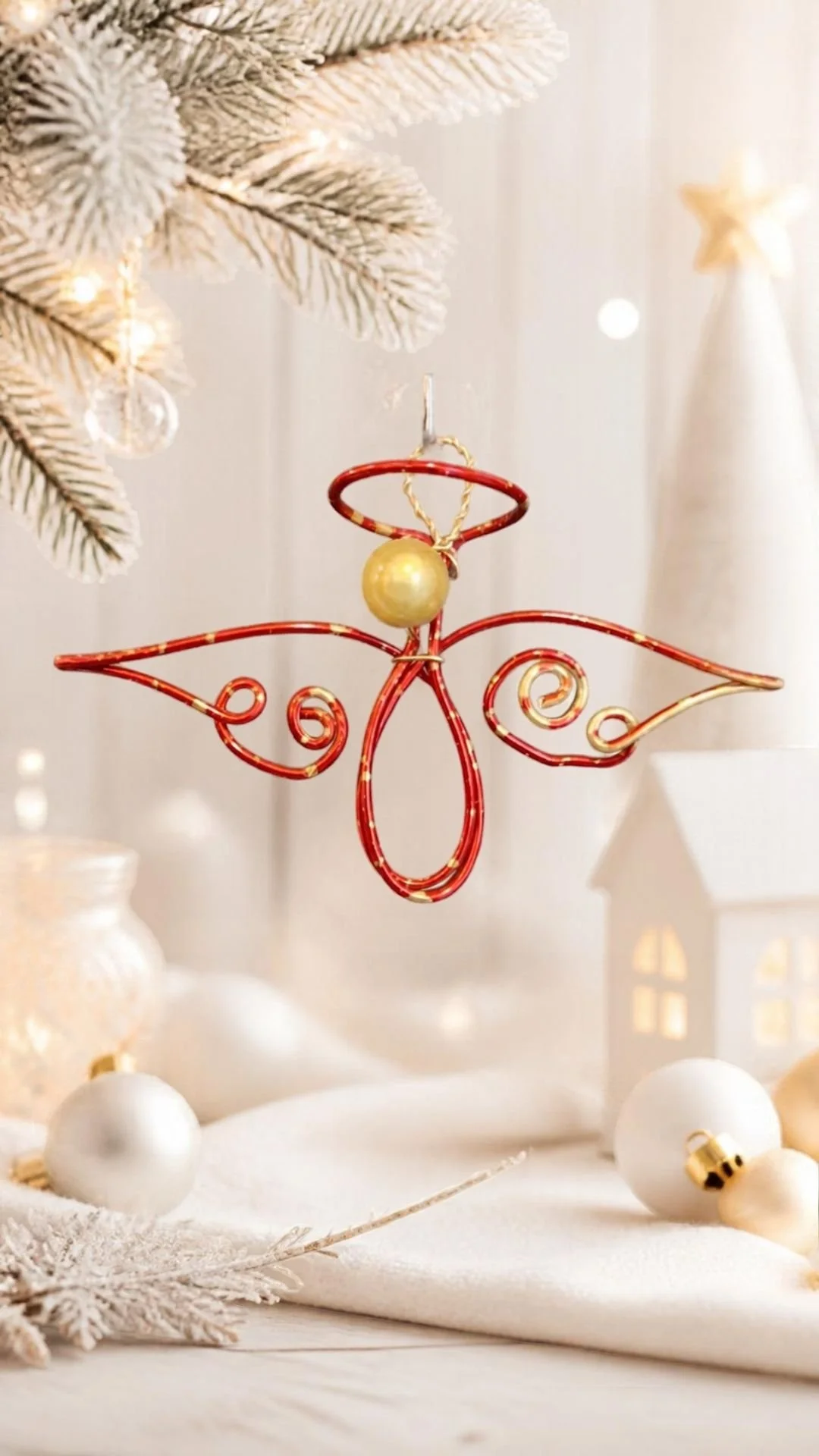 6 Anges de Noël artisanal rouge et doré – décoration suspendue pour sapin et intérieur
