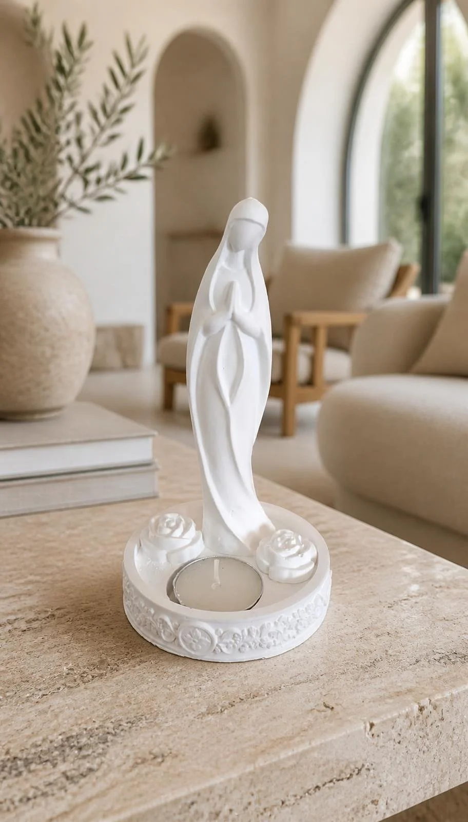 Photophore Vierge en Céramique froide blanc, socle fleuri et roses sculptées