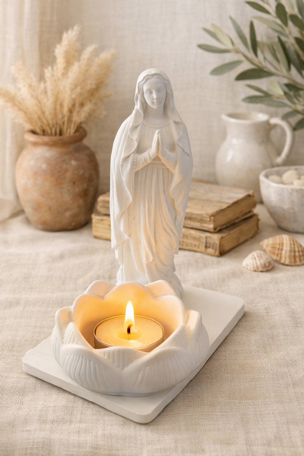 Statuette Vierge Marie bougeoir et fleur en céramique blanche (copie)