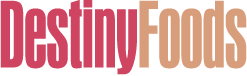 Logo with the words 'Destiny Foods' in pink and beige colors.