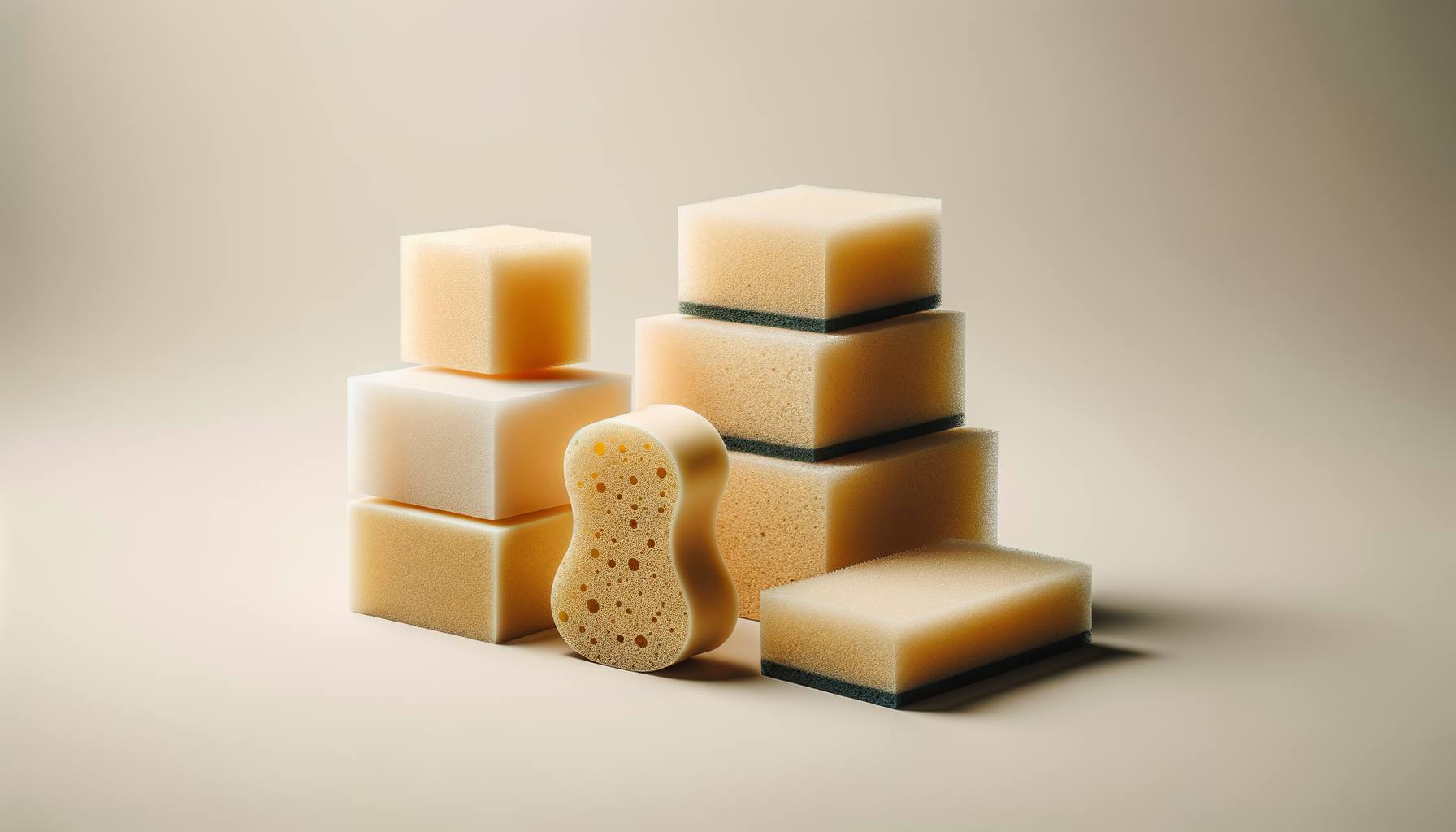 A collection of household cleaning sponges in various shapes and sizes, stacked and scattered on a neutral background.