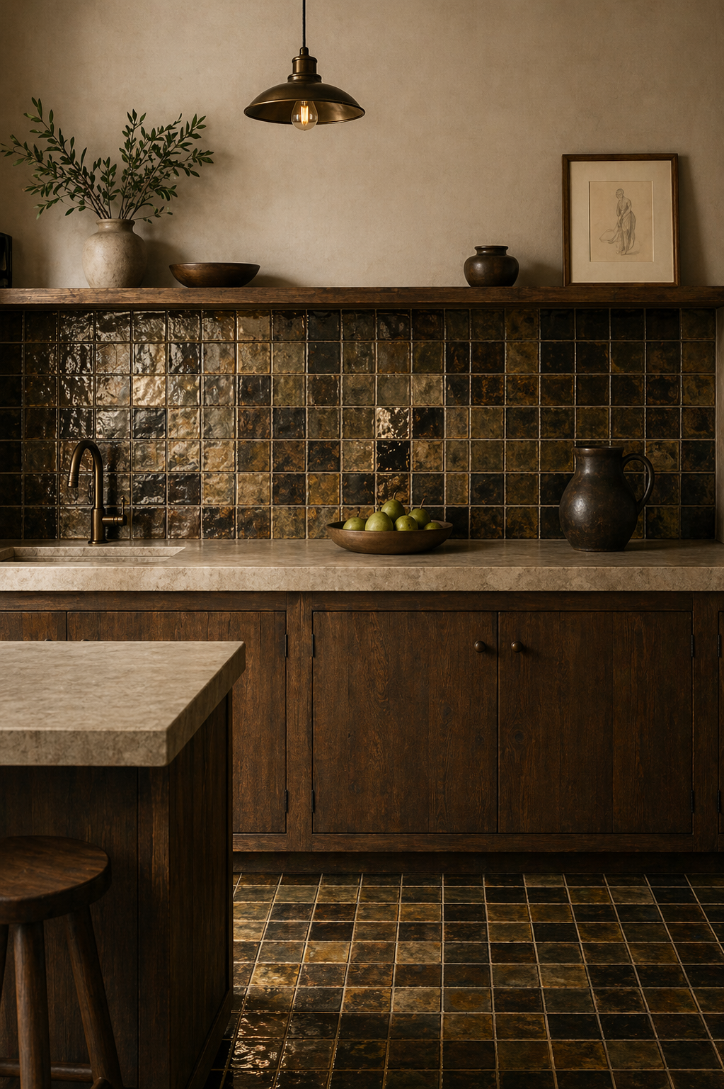Kitchen with dark wood cabinets, beige countertops, and a mosaic tile backsplash in earth tones. Decorative items include a bowl of green apples, a large ceramic pitcher, and vases. Pendant light hangs above.