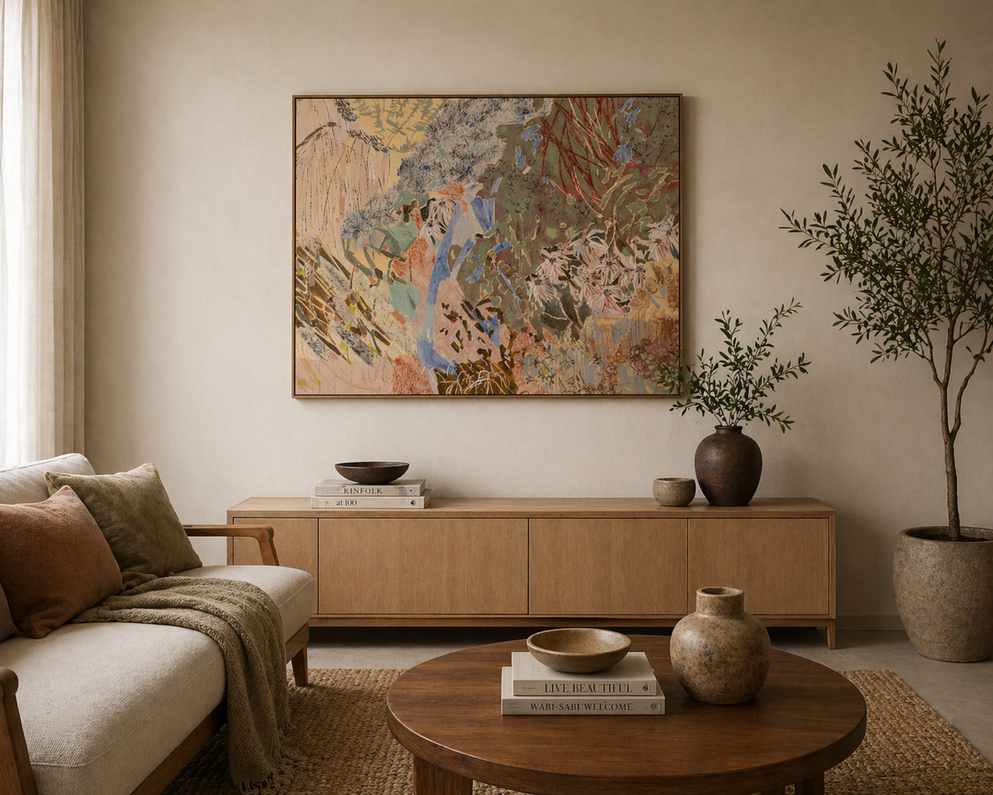 Living room with a beige sofa, decorative pillows, a wooden coffee table, and a sideboard with books, vases, and bowls. Artwork hangs on the wall behind the sideboard, and a large potted plant is on the right.