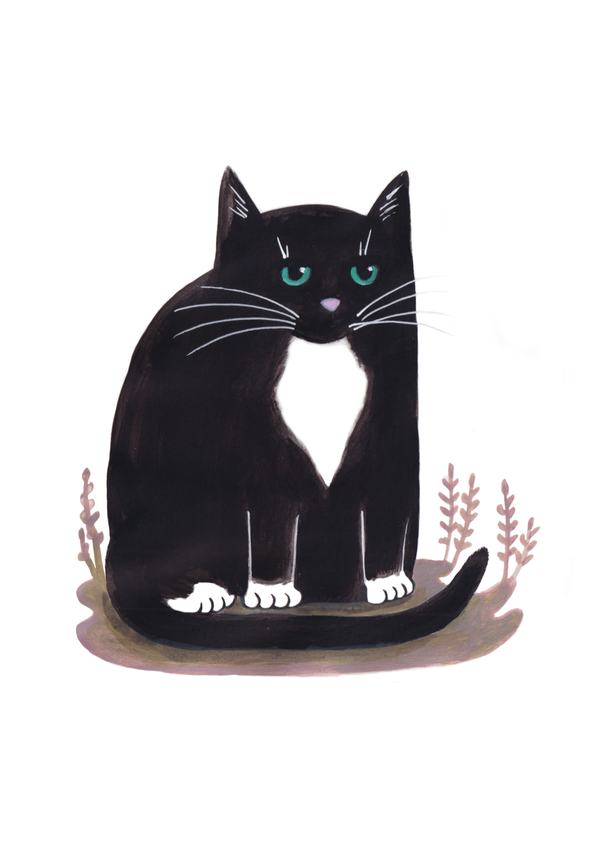 Hand painted illustration of a black cat with green eyes sitting on the ground surrounded by small plants by Heidi Sturgess..