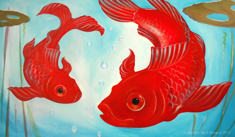 Painting of two red goldfish swimming underwater with bubbles and aquatic plants in the background.