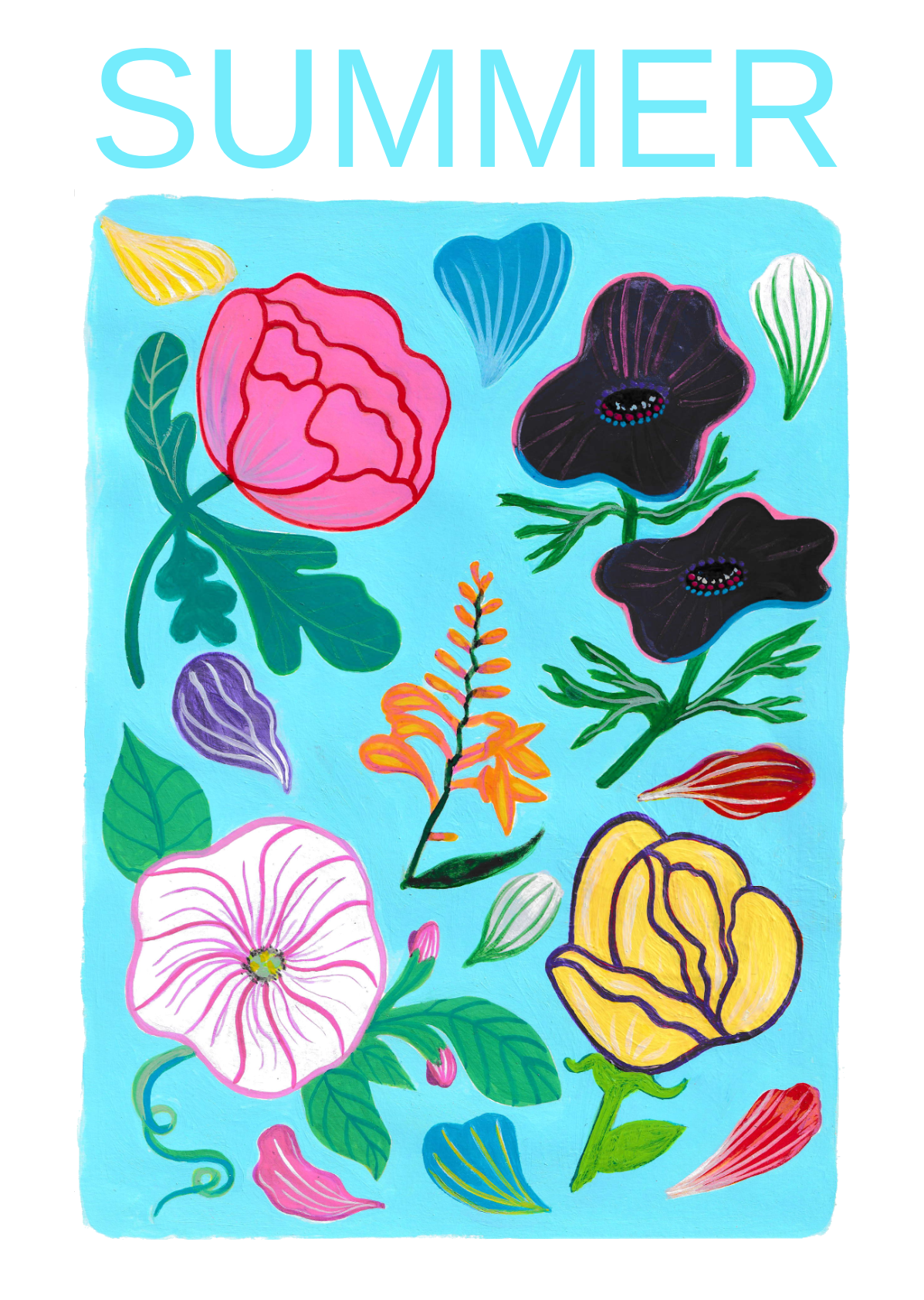 Colorful floral illustration with various flowers and leaves on a light blue background, with the word 'SUMMER' in large blue letters at the top.