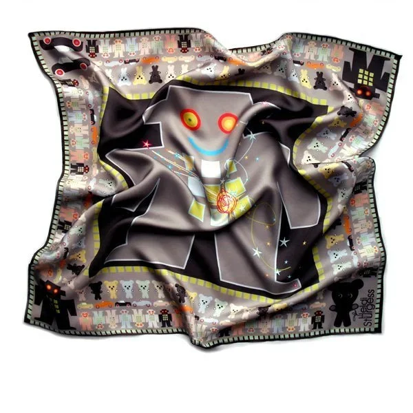 A silk scarf with a design of a cartoonish vampire with glowing red eyes, a wide smile, and a gold necklace, surrounded by colorful abstract stars and silhouettes of bears and other monsters, on a background featuring various small, colorful monsters