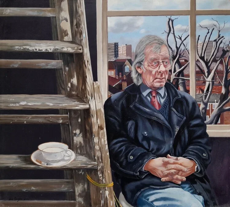 A painting of an older man with gray hair and glasses sitting on a window seat with a serious expression, wearing a dark coat and red tie. Behind him, there is a window showing buildings and leafless trees, and on the left side, there is a worn woode