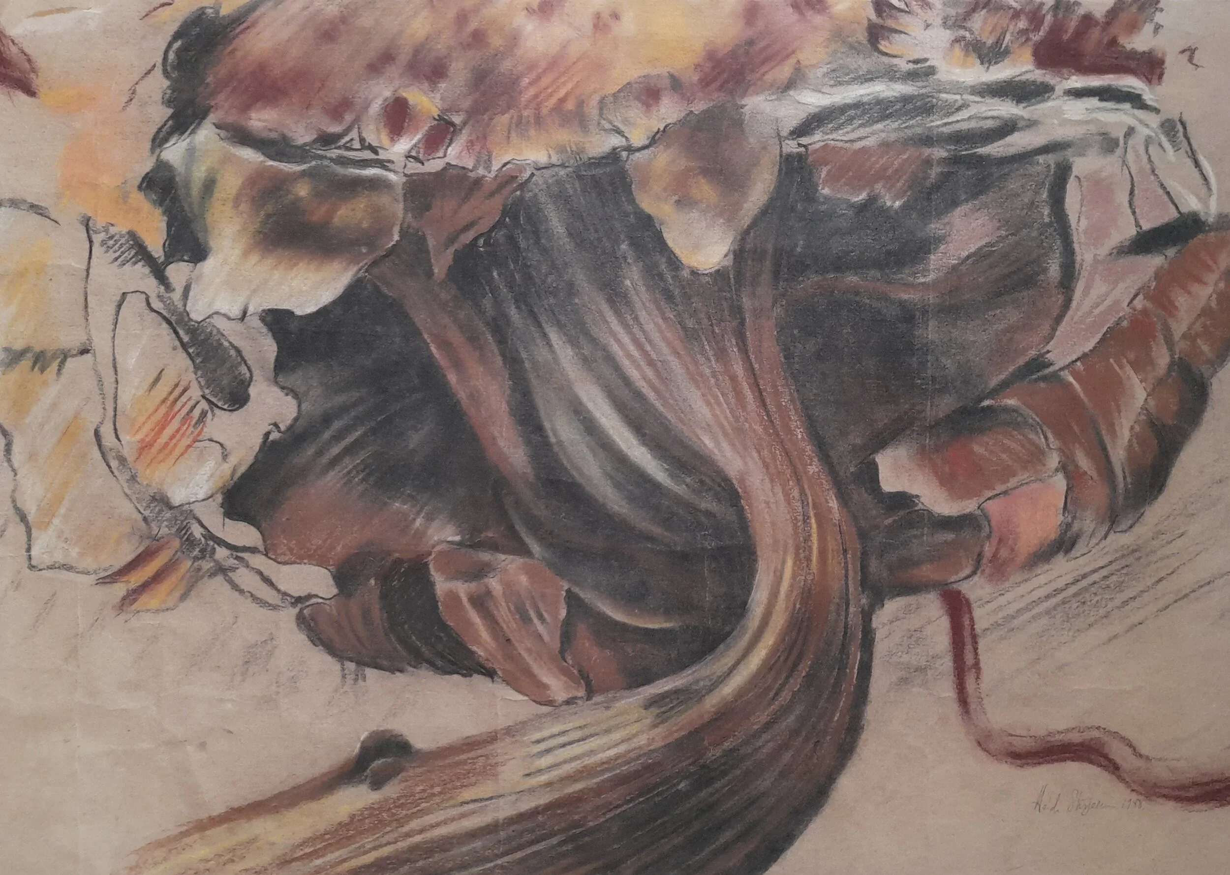 An abstract painting of a woman with long flowing hair, wearing glasses, and holding a cigarette. Used with earthy tones like brown, yellow, and black.