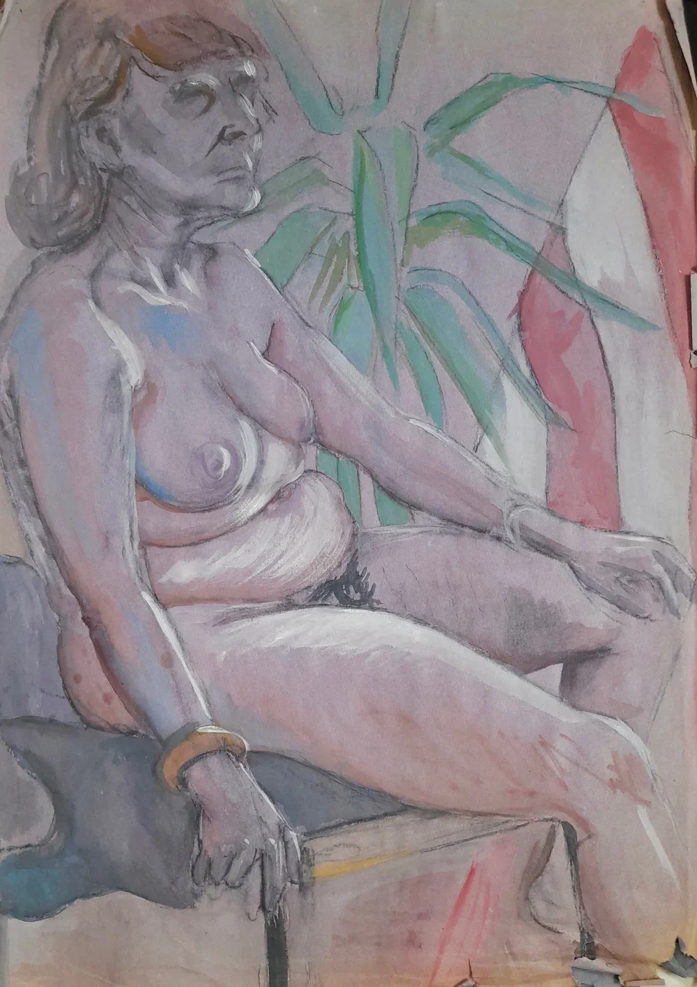 A watercolor-style painting of a nude woman sitting on a wooden surface, with a large plant in the background.