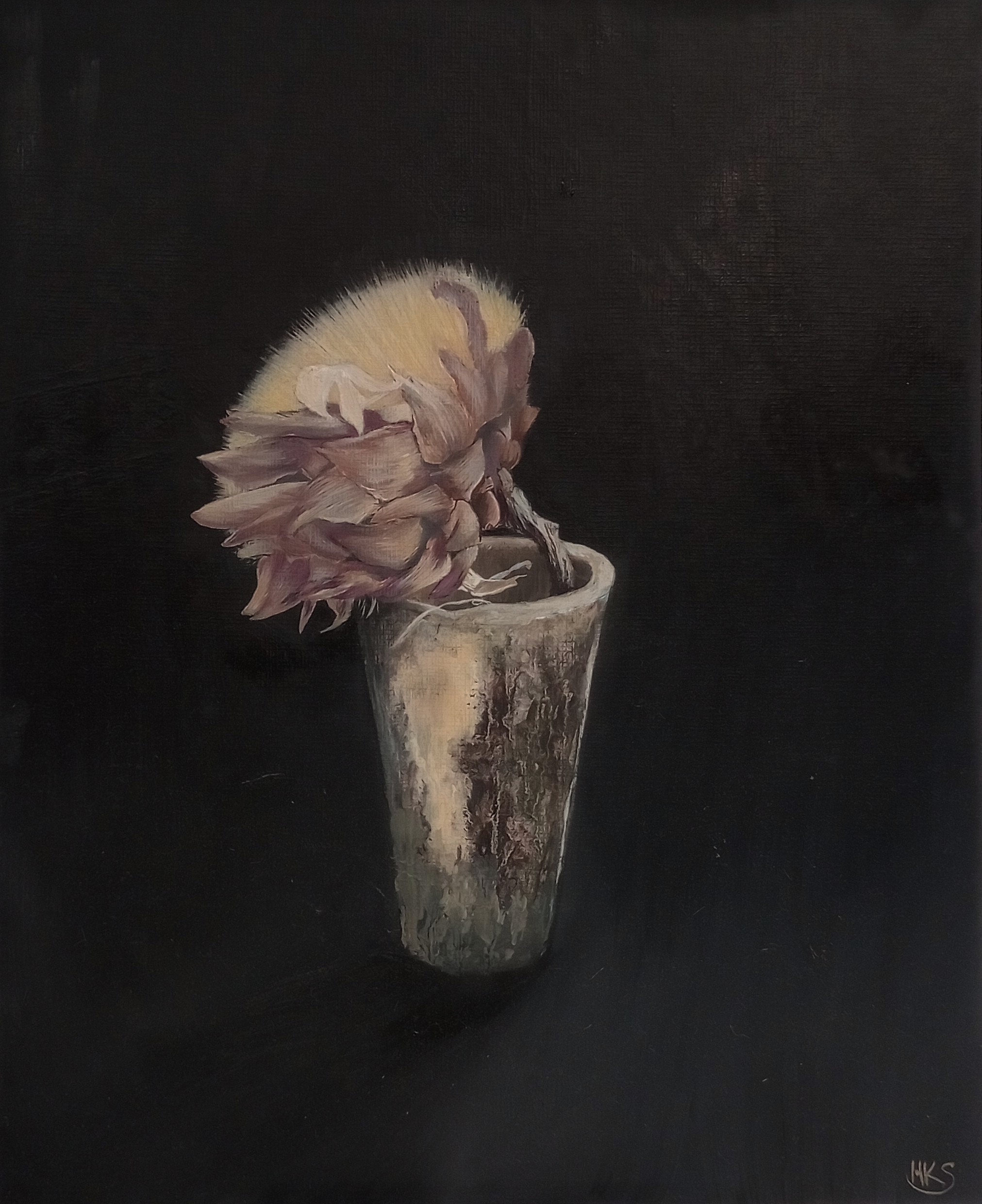 A painting of a pale flower in a silver vase against a black background.