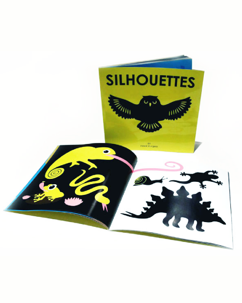 Open children's books featuring colorful illustrations of animals and silhouettes, including a chameleon, a snail, a lizard, a dinosaur, and an owl on a white background.