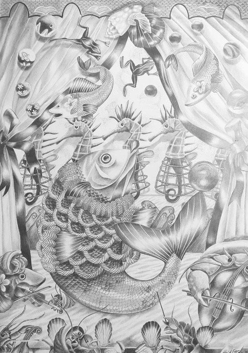 A detailed black and white pencil drawing of a fantasy scene with various mythical sea creatures, including a large mermaid with a serpentine tail, surrounded by other sea animals, plants, and decorative elements.