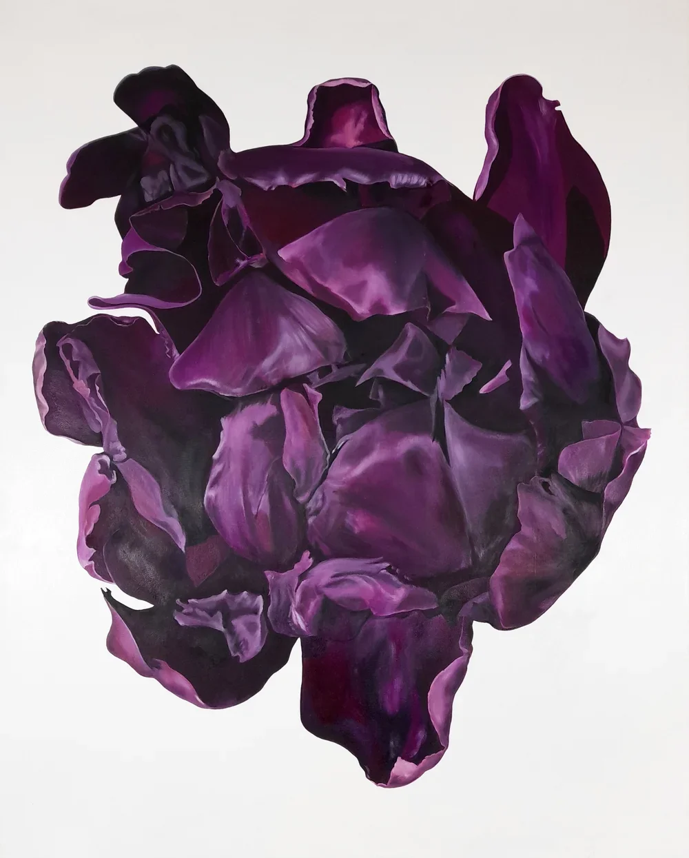 A painting of a purple artichoke with dark and light purple shades on a white background.