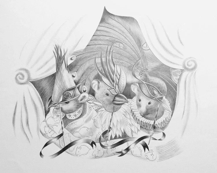 A detailed pencil drawing of various animals behind a theatrical curtain, including a fish, bird, hamster, and rabbit.