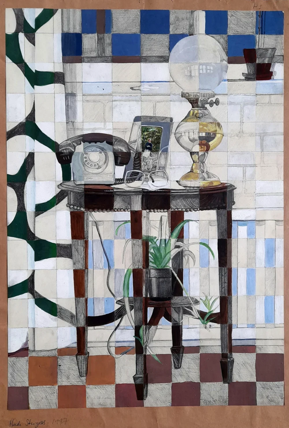 Drawing or painting of a wooden table with a vintage rotary phone, a smartphone, a glass oil lamp, and a small potted plant. The background has a tiled wall with a checkered pattern of blue, gray, white, and brown tiles.
