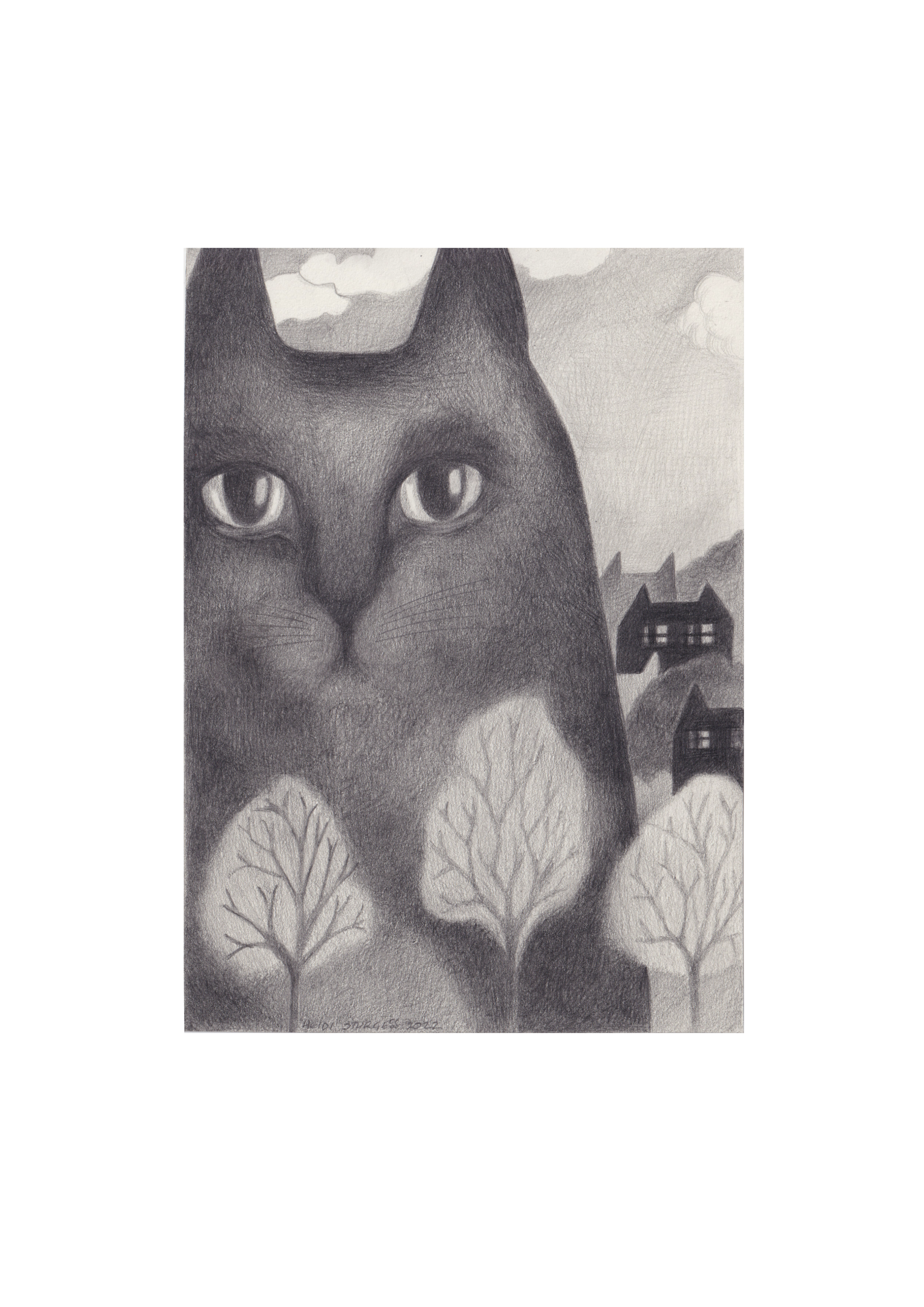A detailed pencil drawing of a large cat's face with piercing eyes, surrounded by trees, houses, and clouds in the background, with the artist's signature and date at the bottom. Hand drawn cat illustration by Heidi Sturgess. 