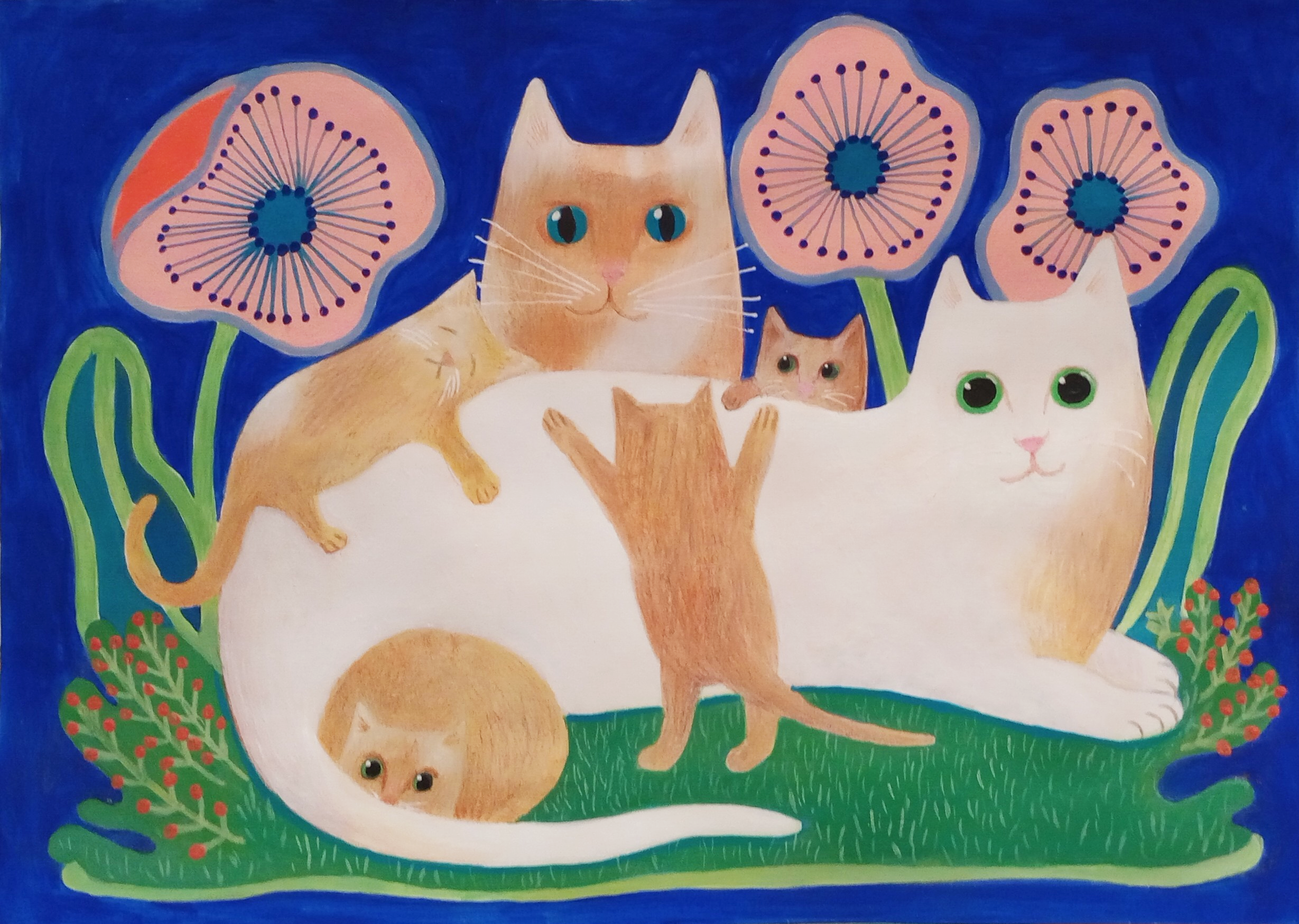 Painting of three cats with large pink and purple flowers behind them, set against a blue background, with green grass and bushes at the bottom.