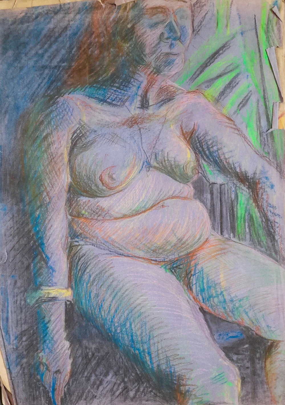 Colorful sketch of a nude woman sitting, with her head turned to the right, featuring expressive line work and shading.