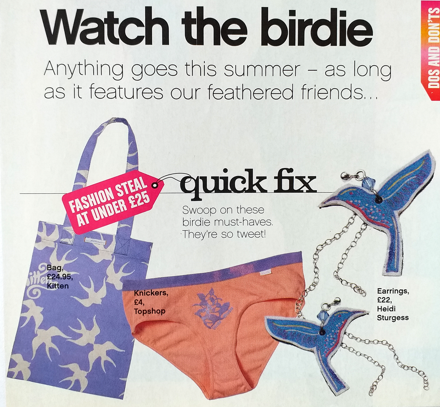 Page from a magazine or catalog featuring colorful jewelry and accessories for summer, including bird-shaped earrings and a decorated handbag, with promotional text.