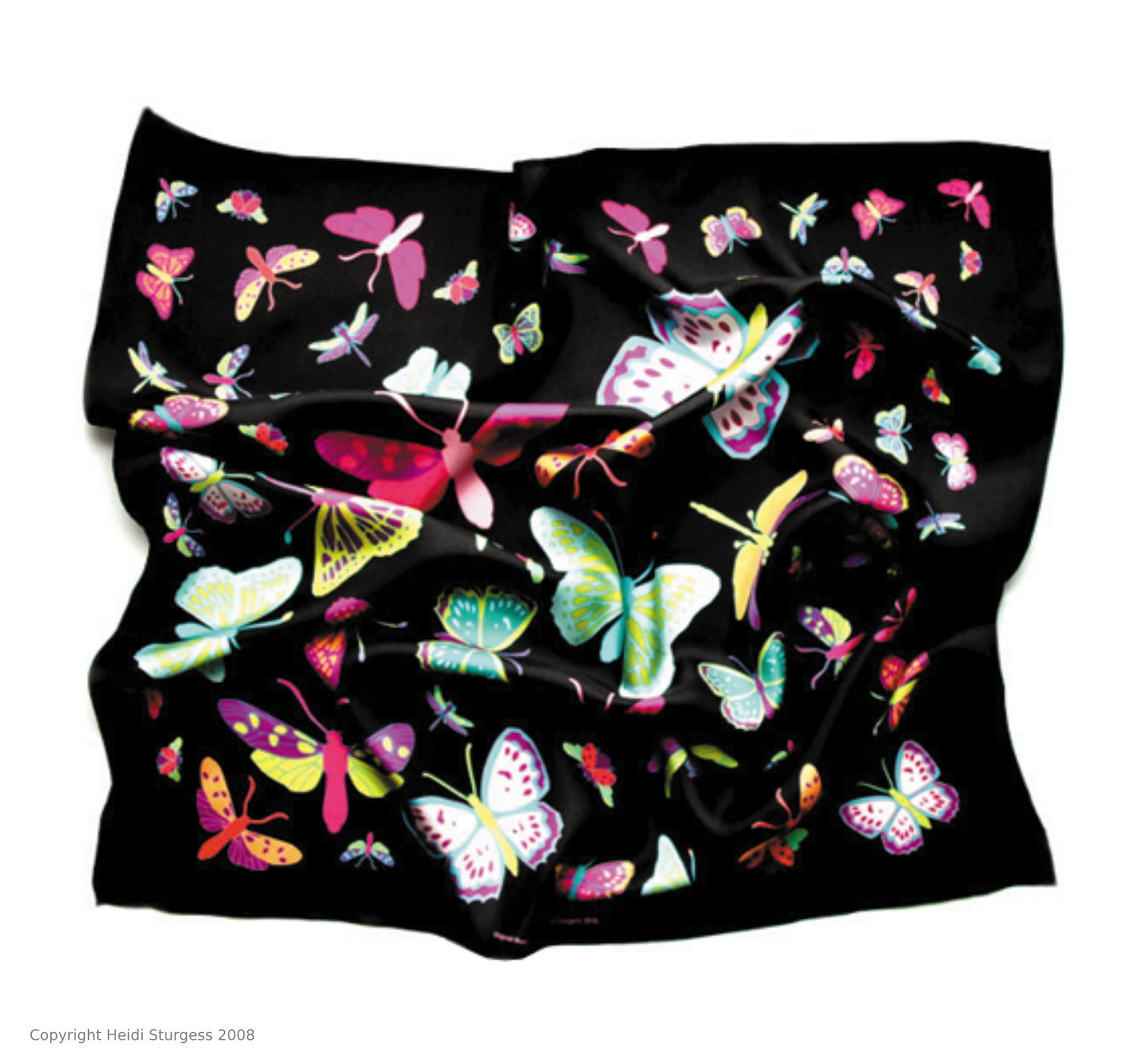 Black fabric with a colorful butterfly print featuring pink, yellow, blue, and white butterflies, some with intricate wing patterns.