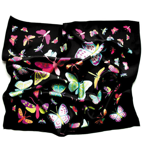 A black silk scarf with colorful butterfly patterns.